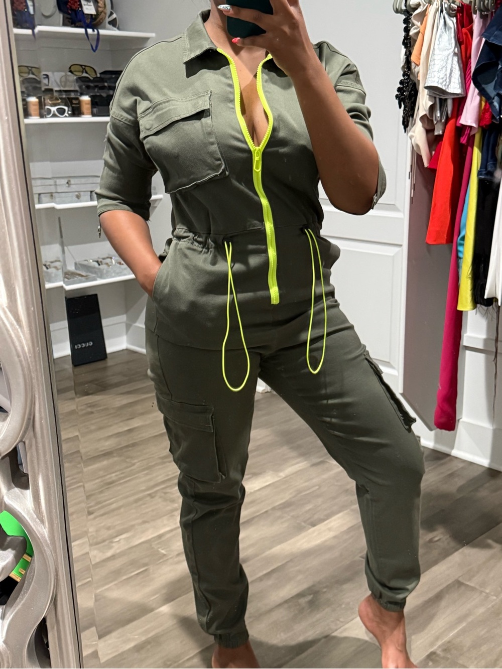 Utility Olive Green Cargo Jumpsuit with Neon Trim